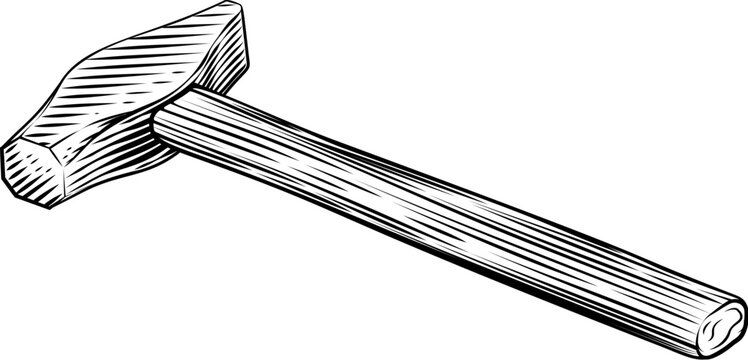 Hammer blacksmith workshop metalwork tool illustration in a vintage woodcut engraved etching style.