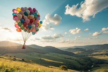 Fototapeta premium colorful hot air balloons floating over scenic green hills at sunrise