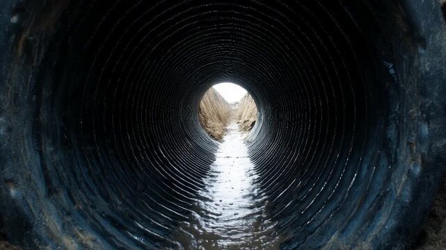 Water and mud flowing through a large corrugated plastic pipe in a trench at a construction site