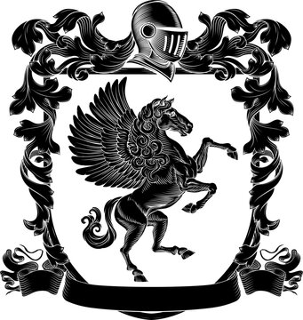 A Pegasus coat of arms or crest family heraldry medieval heraldic knight shield with helmet and acanthus filigree scroll ornament in a vintage woodcut style.