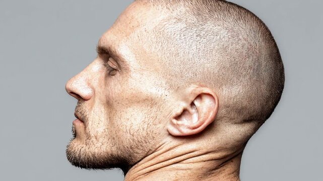 Profile view of a handsome man with a buzz cut and stubble chewing against a gray background
