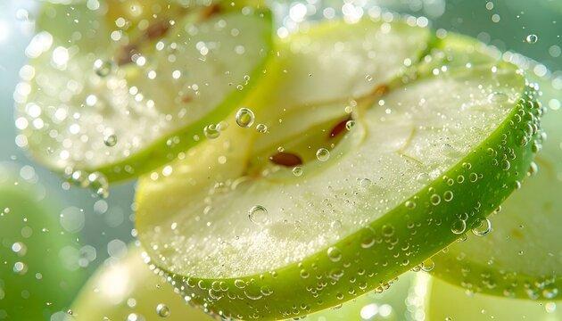 Refreshing dynamic macro fruit photography of a thin bright green apple slice covered in beautiful pure clear splashing water droplets.