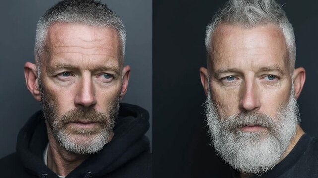 Middle-aged man showing a before and after grooming transformation with a new haircut and styled beard