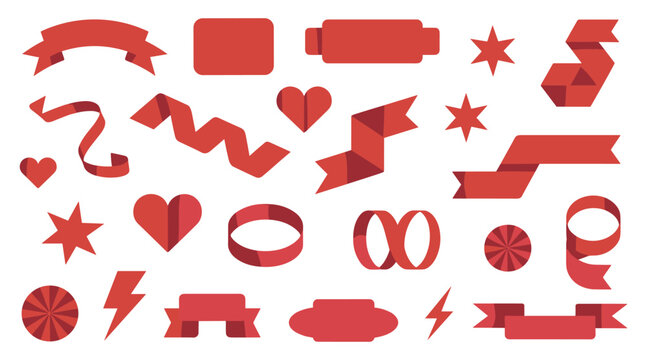 Red Decorative Symbols Pack, Collection of red flat ribbons banners hearts stars and geometric shapes for isolated on a white background