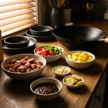 Raw meat pieces, chopped bell peppers, pineapple chunks, minced garlic, sliced ginger, and dark sauce arranged in bowls on wooden countertop next to black wok pan and stacked bowls by window with blin