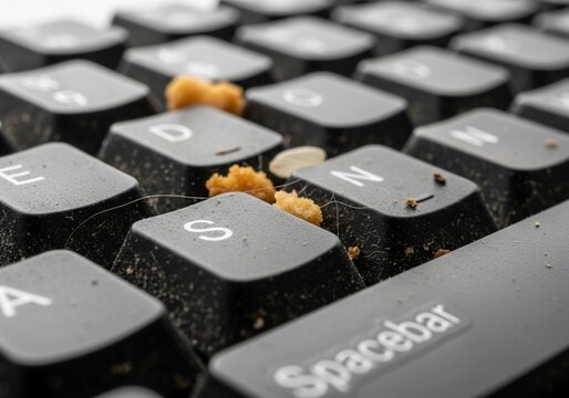 Macro Close-up of Dirty Computer Keyboard with Food Crumbs, Dust, and Hair - Unhygienic Workspace Concept