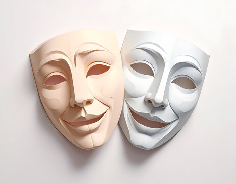 Classical Greek theater comedy and tragedy dramatic white face masks resting side by side on pastel wall