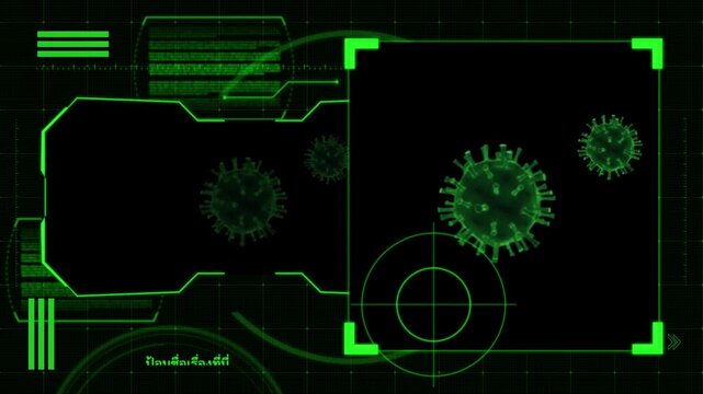Animation green frame techniology for scans virus on black background.