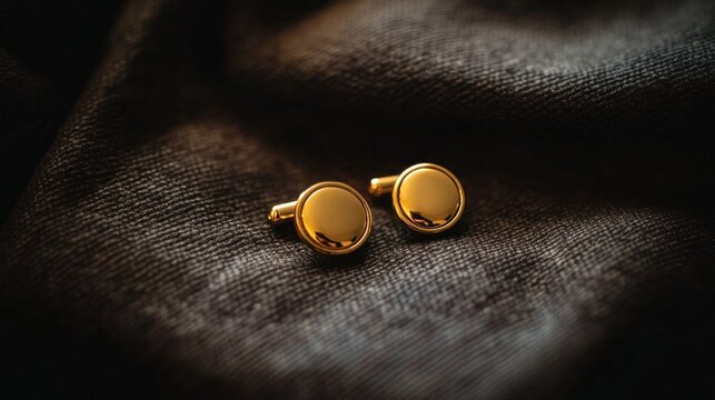 Gold cufflinks on dark fabric.