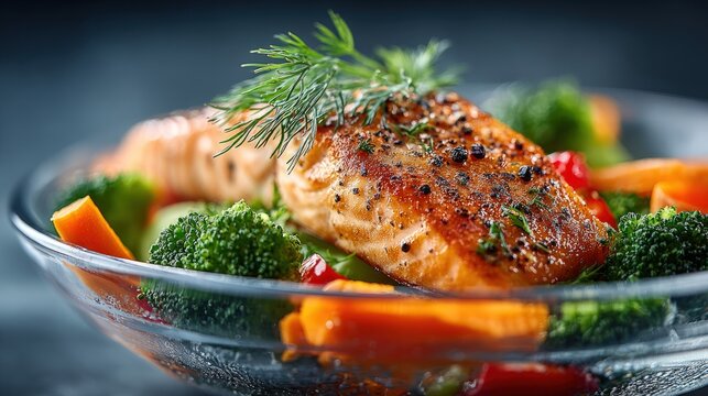 Pan seared salmon with steamed broccoli and carrots in bowl