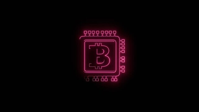 Bitcoin sign icon for internet money. Crypto currency symbol with micro chip icon. Blockchain based secure cryptocurrency. Neon glowing.