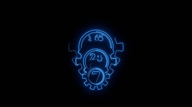 Time operation mode in gear. Customer support and retail. Seven days twenty four hour. Neon glowing.