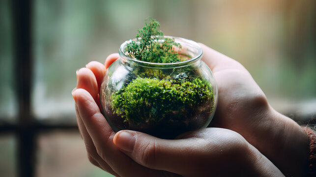 Close up hands cupping small glass bowl terrarium with moss and tiny plant, nurturing eco concept, natural texture and soft light