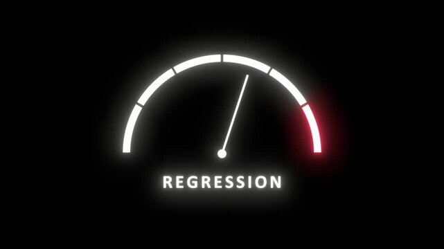 Neon glowing regression meter showing big risk levels. Dangerously increasing values of regression, critical overload. Too much, off the charts. Abstract meter scale with arrow. Business concept.