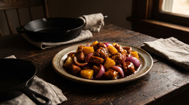 Plate of cooked sweet and sour chicken with pineapple chunks and red onion pieces on rustic wooden table with cast iron skillets and natural window light