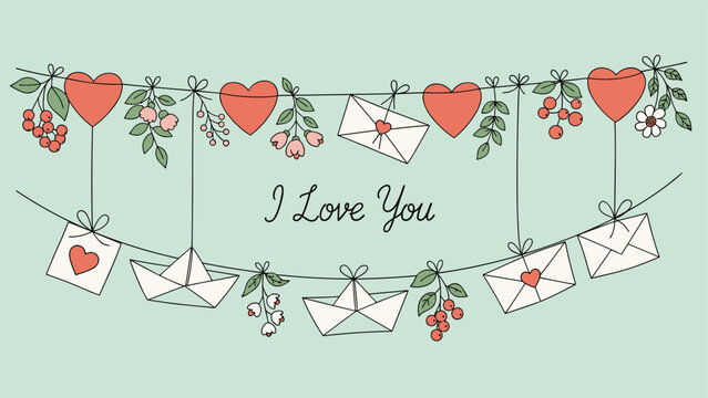 Romantic garland featuring red hearts envelopes flowers and paper boats on a green background with a handwritten I love you message.