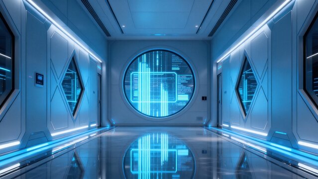 Futuristic corridor with glowing blue lights