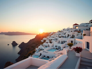 Obraz premium panoramic coastal scene of Santorini during golden hour glowing sunlight over white buildings calm sea horizon expansive sky minimal elements 