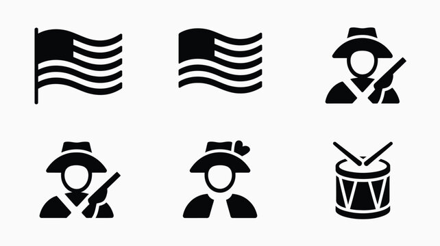 Patriots day icons american flag waving revolutionary war soldier with musket and drum symbolizing american independence freedom and historical events in a clean grid layout