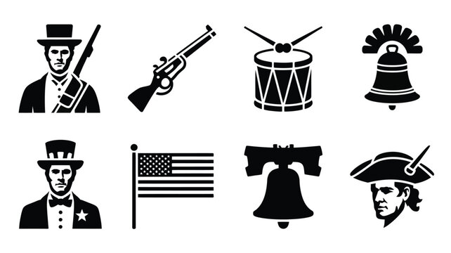 Patriotism and american revolution icons silhouette vector bundle featuring founding fathers musket drum and liberty bell for historical and patriotic designs