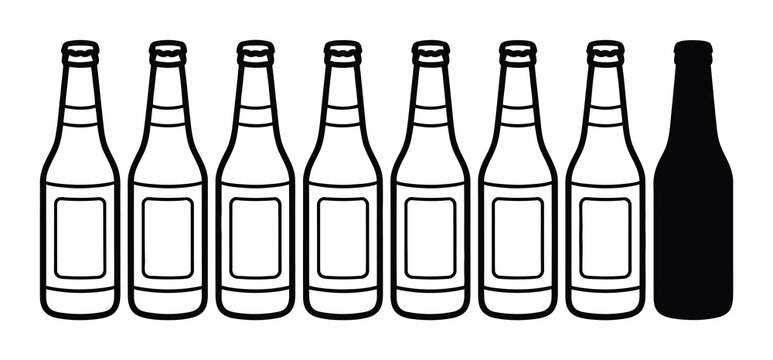 Eight bottles, seven outlined, one solid black, lined up