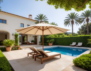 Fototapeta premium A luxurious poolside scene showcases a pristine white villa surrounded by lush greenery and palm trees.