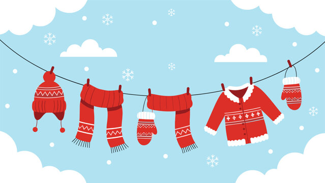 Red winter clothes including a hat scarf mittens and sweater hanging on a clothesline in a snowy winter scene.