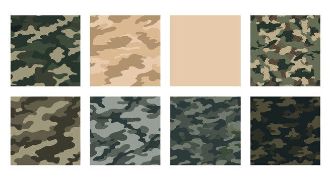 Collection of various military camouflage patterns displayed in a grid with shades of green, brown, and grey.