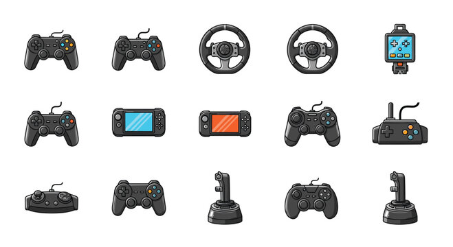 Collection of various video game controllers and accessories including gamepads, steering wheels, handheld consoles, and joysticks.