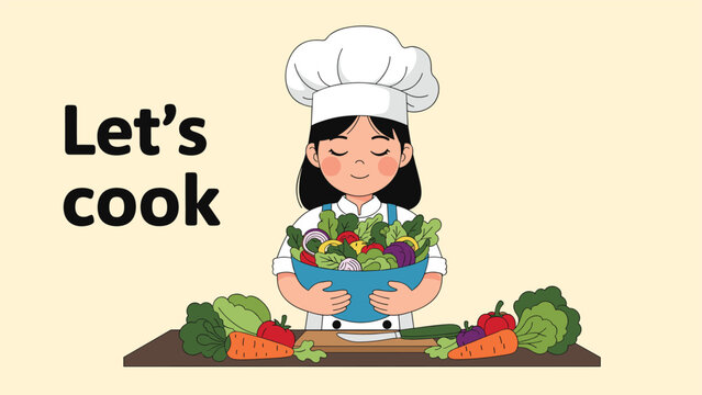 Young girl wearing a chef hat and white uniform holds a large bowl of fresh garden salad on a wooden kitchen table.