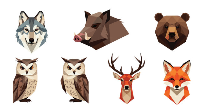 Set of modern low-poly animal head illustrations including a wolf, bear, and fox with geometric shapes.