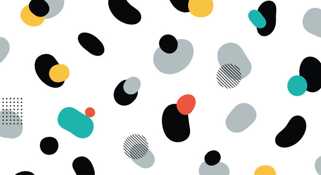 Modern abstract pattern composed of organic colorful shapes, solid dots, and textured circles on a clean white background.