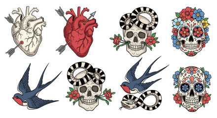 Obraz premium Collection of traditional tattoo flash art featuring anatomical hearts with arrows, snakes coiled around skulls, swallows, and sugar skulls.