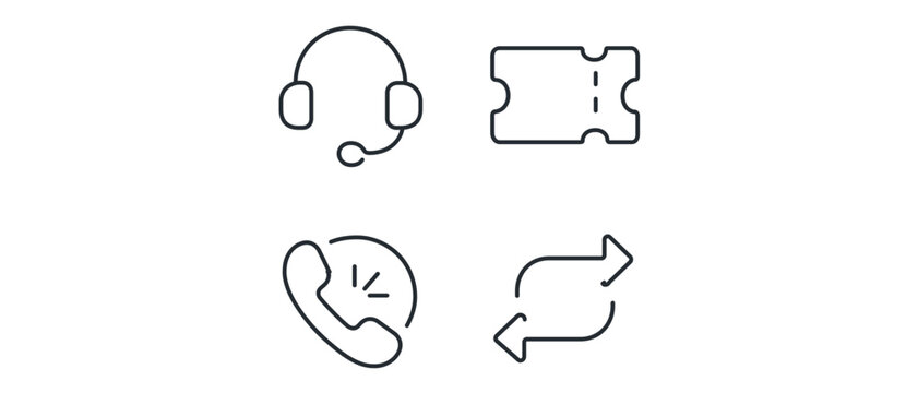 Customer support fallback system and help desk vector icon set with editable stroke featuring human with headset, support ticket, emergency phone, and transfer arrow symbols for service teams.