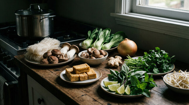 Fresh Asian-inspired ingredients arranged on a rustic kitchen counter beside a stove, including mushrooms, tofu cubes, bok choy, onion, ginger, lime wedges, herbs, bean sprouts, and rice noodles