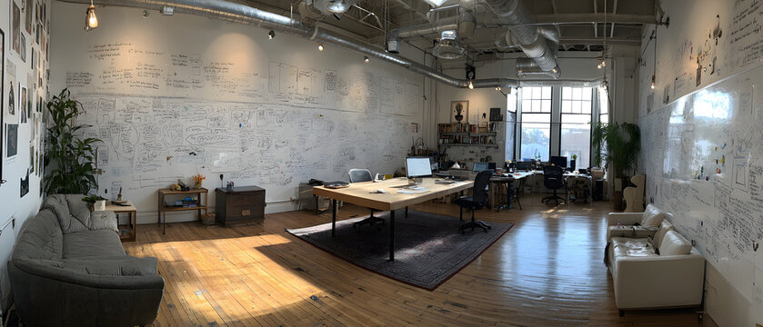 Open office loft panoramic whiteboard brainstorming space with wooden floor, long central table, sofas and natural light creating creative collaborative atmosphere