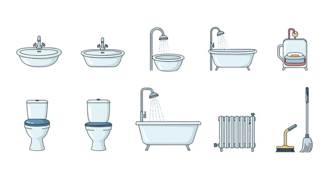 Detailed collection of bathroom fixture icons including sinks bathtubs toilets showers a radiator and essential cleaning tools.