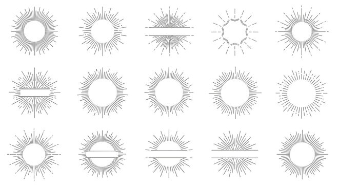 Comprehensive collection of vintage sunburst and starburst graphic elements with various ray patterns and empty centers for logos or text.