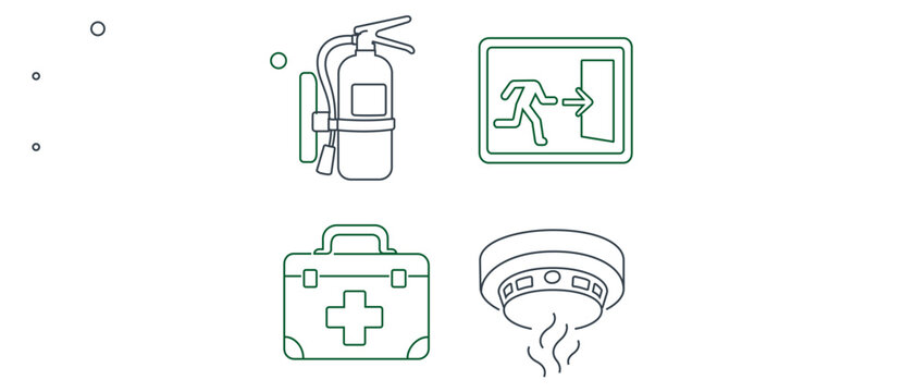 Essential workplace emergency equipment vector icon set with editable stroke including fire extinguisher, emergency exit sign, first aid kit, and smoke detector in a collection of 4 icons set.