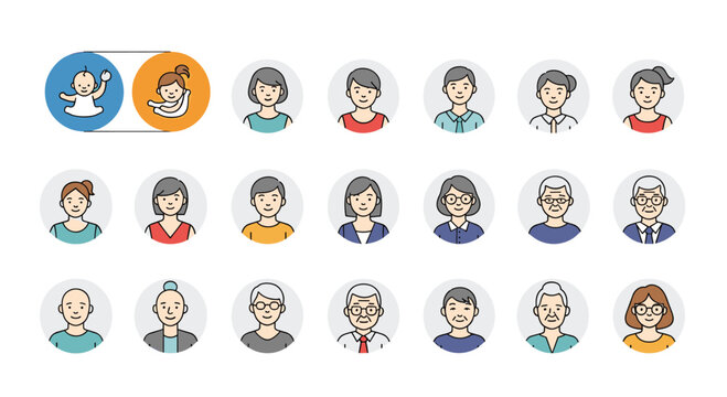 Large grid of diverse people icons representing different ages and genders from infants to seniors in a simple flat circle avatar style.