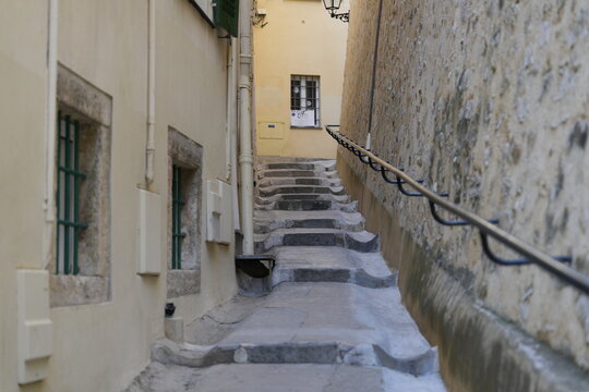 Menton, France - April 10, 2026: Steep stone steps towards Basilique Saint-Michel Archange de Menton in France