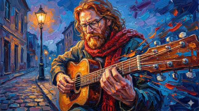 Soulful red-haired musician playing acoustic guitar on a vibrant impressionistic city street at dusk for artistic expression concept and bohemian lifestyle