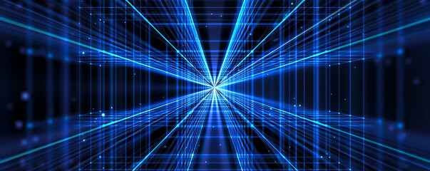 Fototapeta premium blue glowing square tunnel corridor with light rays in black 3d space with flowing particles, futuristic technology background with copy space for data, chip and computer industry
