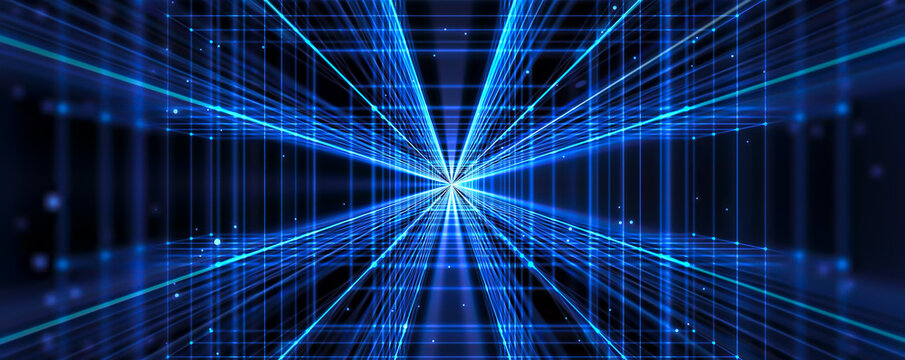 blue glowing square tunnel corridor with light rays in black 3d space with flowing particles, futuristic technology background with copy space for data, chip and computer industry
