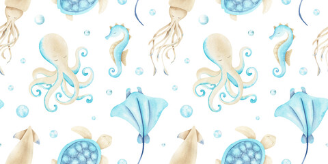 Underwater animal fish, seahorse, octopus, stingray, squid and bubbles. Watercolor aquatic seamless pattern of undersea dwellers. Ocean life Background for children print, fabric, bedding, linen © Fedulova_art