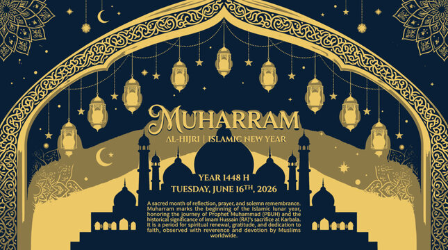 Cultural Islamic celebration art depicting lanterns and mosque silhouette under a starry night sky marking the start of the new year Al Hijri 1446 a significant religious observance for Muslims