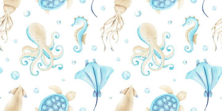 Underwater animal fish, seahorse, octopus, stingray, squid and bubbles. Watercolor aquatic seamless pattern of undersea dwellers. Ocean life Background for children print, fabric, bedding, linen