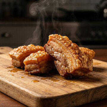 Three pieces of crispy pork belly with golden crackling skin steaming on a wooden cutting board in a kitchen setting, styled as a rustic plated serving for homemade comfort food and restaurant present