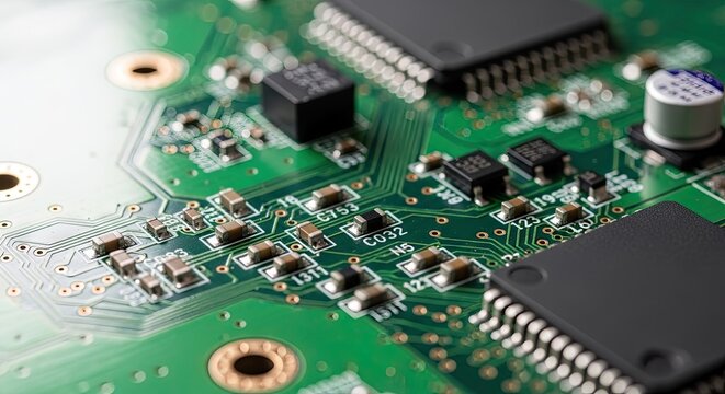 Close up of Electronic Circuit Board with Microchips and Components