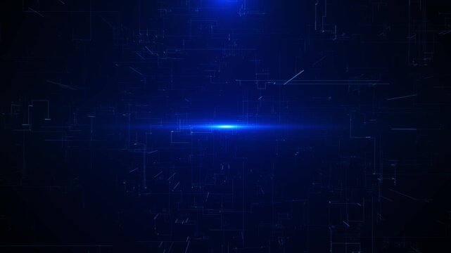 Dark blue tech lens flare background with central glowing horizon, faint circuit patterns, and deep digital space. Perfect for software titles, AI intros, cyber scenes, and overlays.